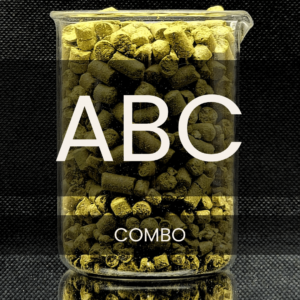 White text reading “ABC COMBO” placed in front of a clear 250mL beaker containing green hop pellets.