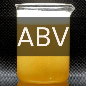 White text reading “ABV” placed in front of a clear 250mL beaker containing yellow beer with a white foamy head.