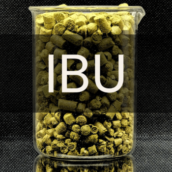 White text reading “IBU” placed in front of a clear 250mL beaker containing green hop pellets.