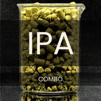 White text reading “IPA” placed in front of a clear 250mL beaker containing green hop pellets.