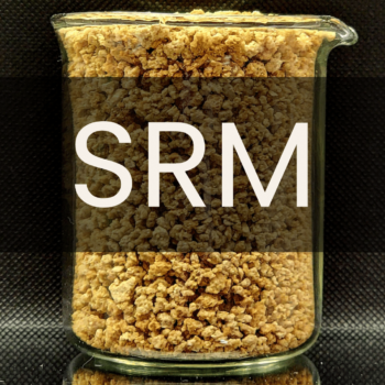 White text reading “SRM” placed in front of a clear 250mL beaker containing malted barley.