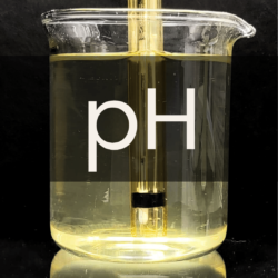 White text reading “pH” placed in front of a clear 250mL beaker containing a yellow pH meter probe with a thin black band.