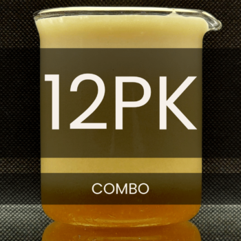White text reading “12PK” placed in front of a clear 250mL beaker containing tan foam.