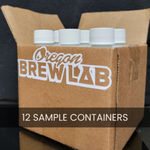 A small cardboard box with a Oregon BrewLab label contains white capped sample containers.