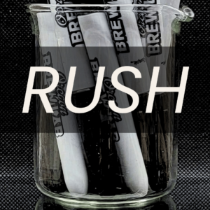 White text reading “RUSH” placed in front of a clear 250mL beaker containing a bunch of Oregon BrewLab labeled sharpies.