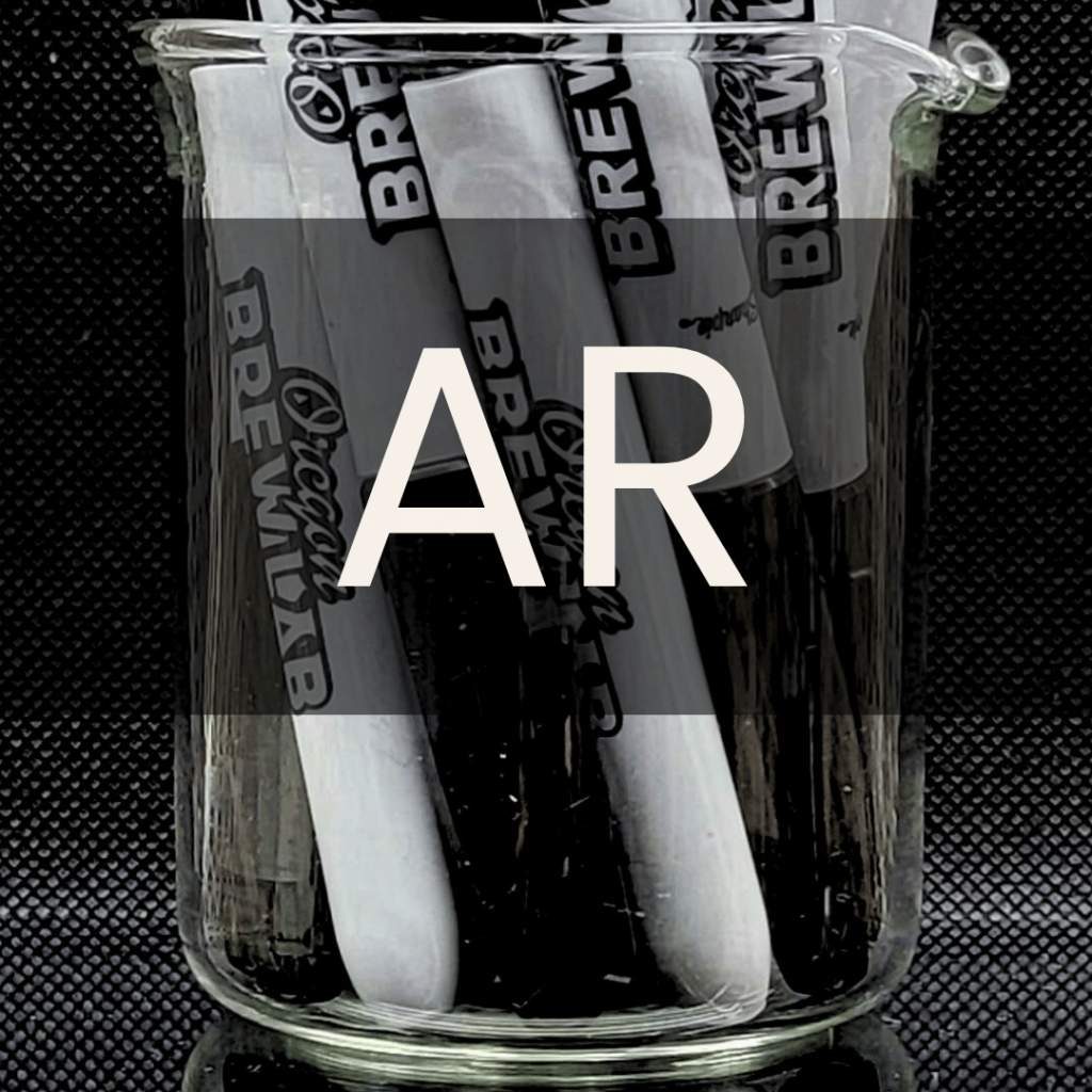 White text reading “” placed in front of a clear 250mL beaker containing a bunch of Oregon BrewLab labeled sharpies. Analysis Report for TTB requirements.