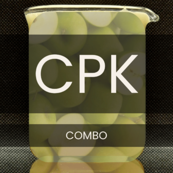 White text reading “CPK COMBO” placed in front of a clear 250mL beaker containing green apple halves.