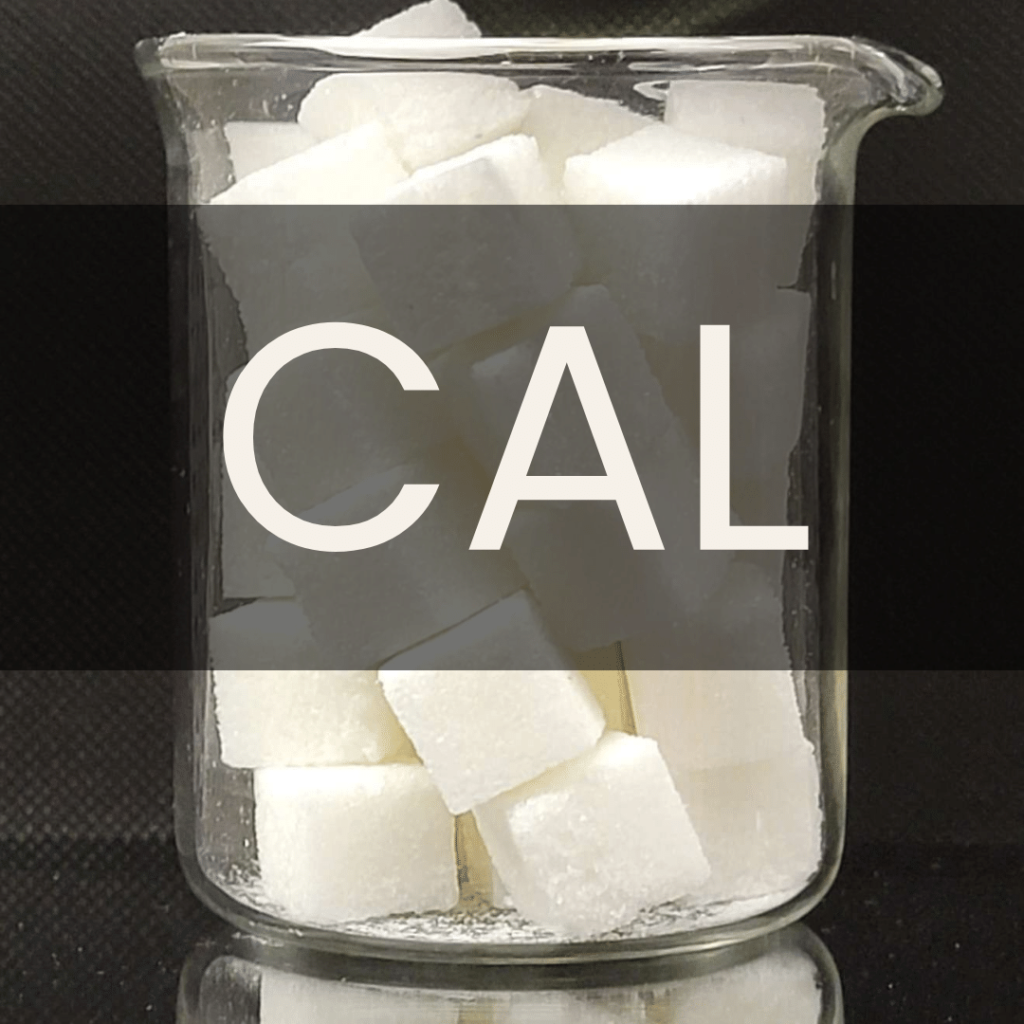 White text reading “CAL” placed in front of a clear 250mL beaker containing white sugar cubes. Calories analysis.