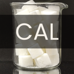 White text reading “CAL” placed in front of a clear 250mL beaker containing white sugar cubes.
