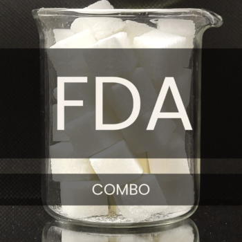 White text reading “FDA COMBO” placed in front of a clear 250mL beaker containing white sugar cubes.