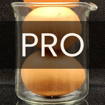 White text reading “PRO” placed in front of a clear 250mL beaker containing two brown eggs.