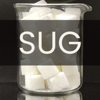 White text reading “SUG” placed in front of a clear 250mL beaker containing white sugar cubes.