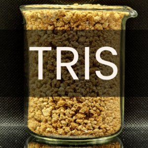 White text reading “TRIS” placed in front of a clear 250mL beaker containing malted barley.