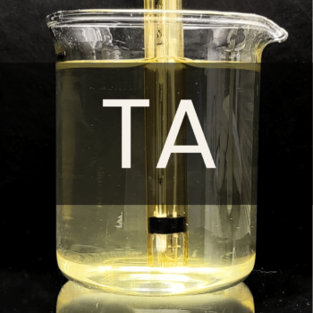 White text reading “TA” placed in front of a clear 250mL beaker containing a yellow pH meter probe with a black band.