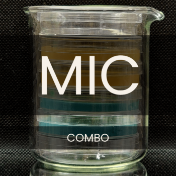 White text reading “MIC COMBO” placed in front of a clear 250mL beaker containing petri dishes.