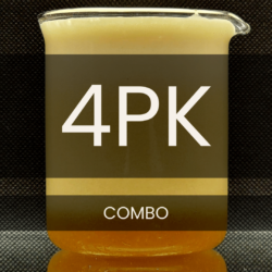 White text reading “4PK COMBO” placed in front of a clear 250mL beaker containing tan foam.