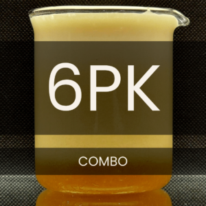 White text reading “6PK COMBO” placed in front of a clear 250mL beaker containing tan foam.