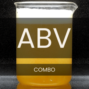 White text reading “ABV COMBO” placed in front of a clear 250mL beaker containing beer with a foamy head.