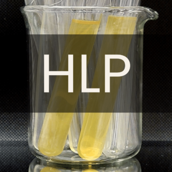 White text reading “HLP” placed in front of a clear 250mL beaker containing clear test tubes and the front two are filled with yellow agar.