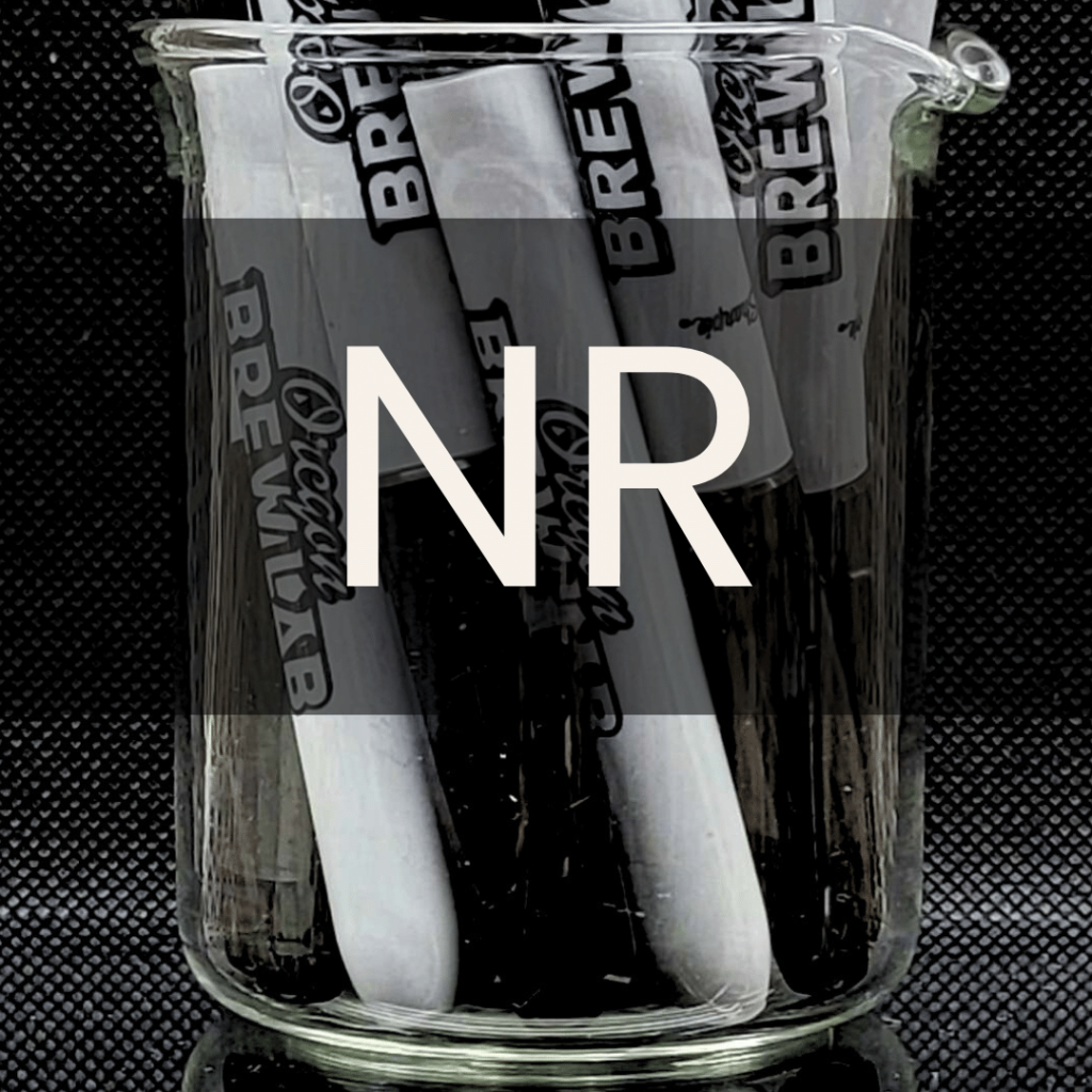 White text reading “NR” placed in front of a clear 250mL beaker containing a bunch of Oregon BrewLab labeled sharpies. Notarized Report for completed analysis.