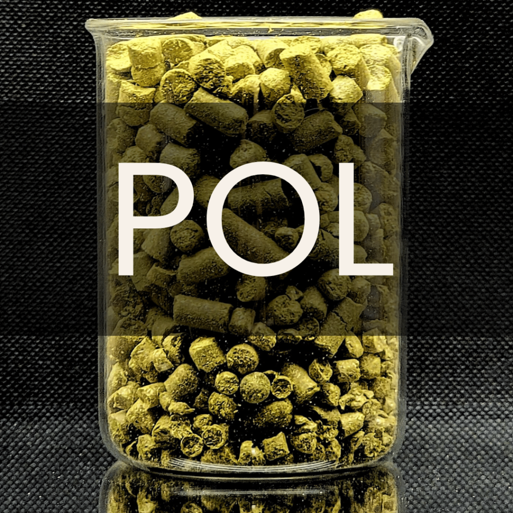 White text reading “POL” placed in front of a clear 250mL beaker containing green hop pellets.