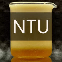White text reading “NTU” placed in front of a clear 250mL beaker containing beer foam.