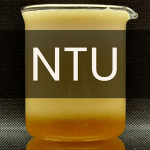 White text reading “NTU” placed in front of a clear 250mL beaker containing beer foam.