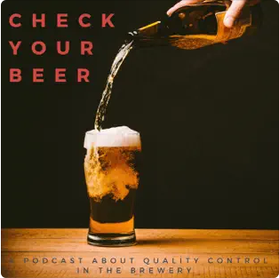 A pint of beer is being poured from a 12oz amber bottle. The bottle is above the glass to the right. On the left in red letters is CHECK YOUR BEER. Below on the wooden table reads in black: "A podcast about quality control in the brewery."