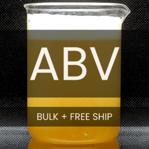White text reading “ABV BULK + FREE SHIP” placed in front of a clear 250mL beaker containing yellow beer with a white foamy head.