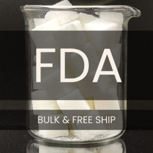 White text reading “FDA BULK + FREE SHIP” placed in front of a clear 250mL beaker containing white sugar cubes.