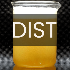 White text reading “DIST” placed in front of a clear 250mL beaker containing yellow beer with a white foamy head.