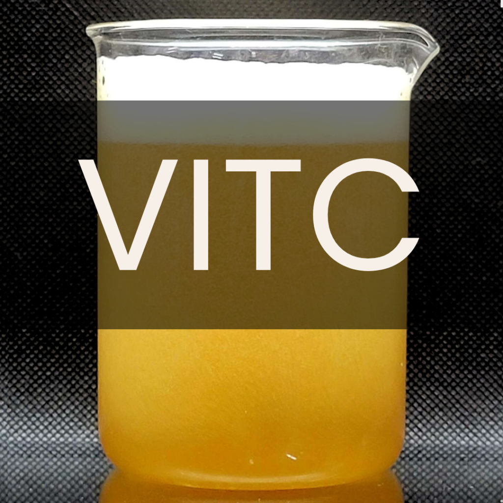 Image of a 500mL beaker holding yellow beer with white foam. The word VIT C is overlapped on top.